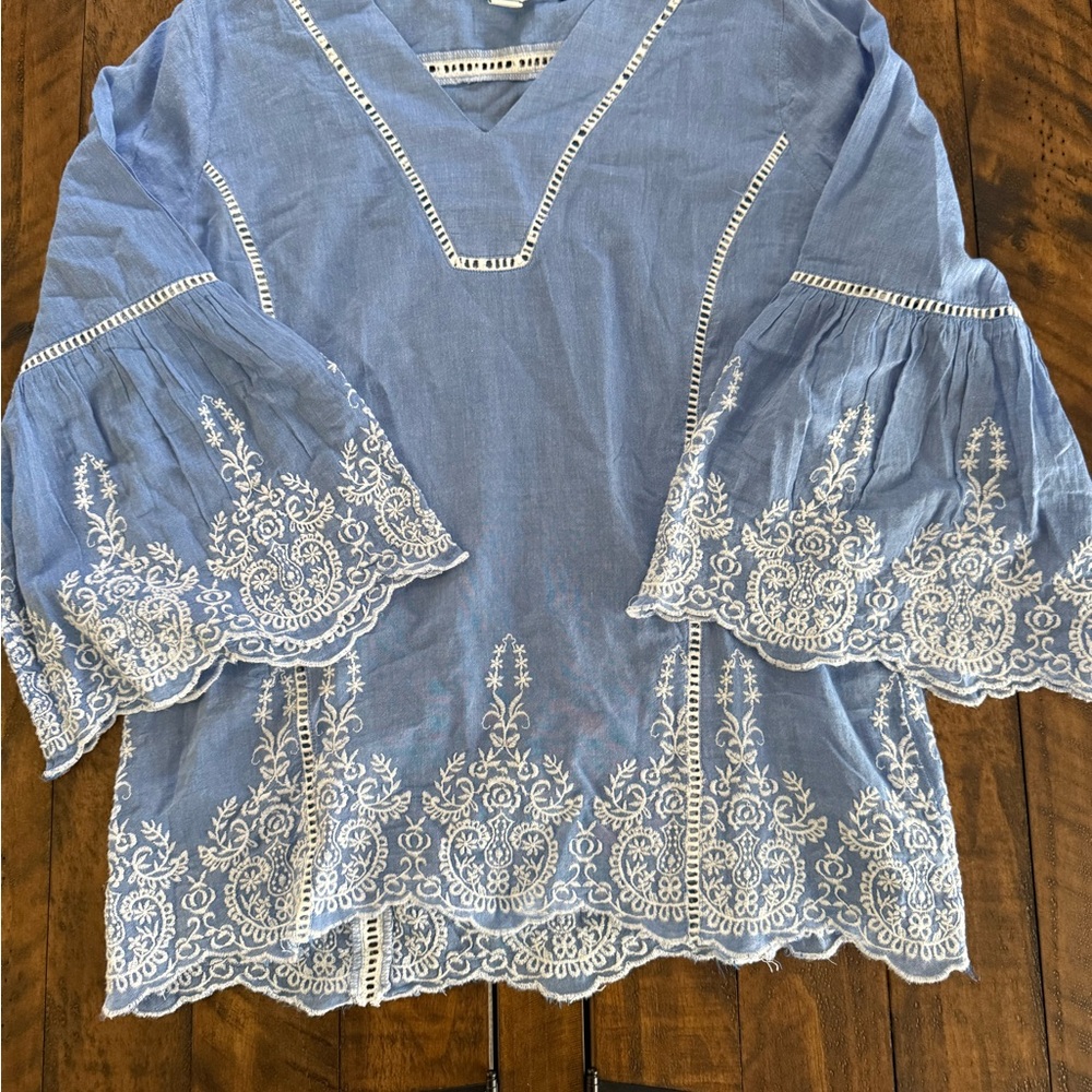 Sundance Blue and White Embellished Bell Sleeve Blouse